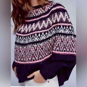 Anthropologie Fair Isle Wool Poncho Cape Knit Sweater Navy Blue Fuchsia S/M